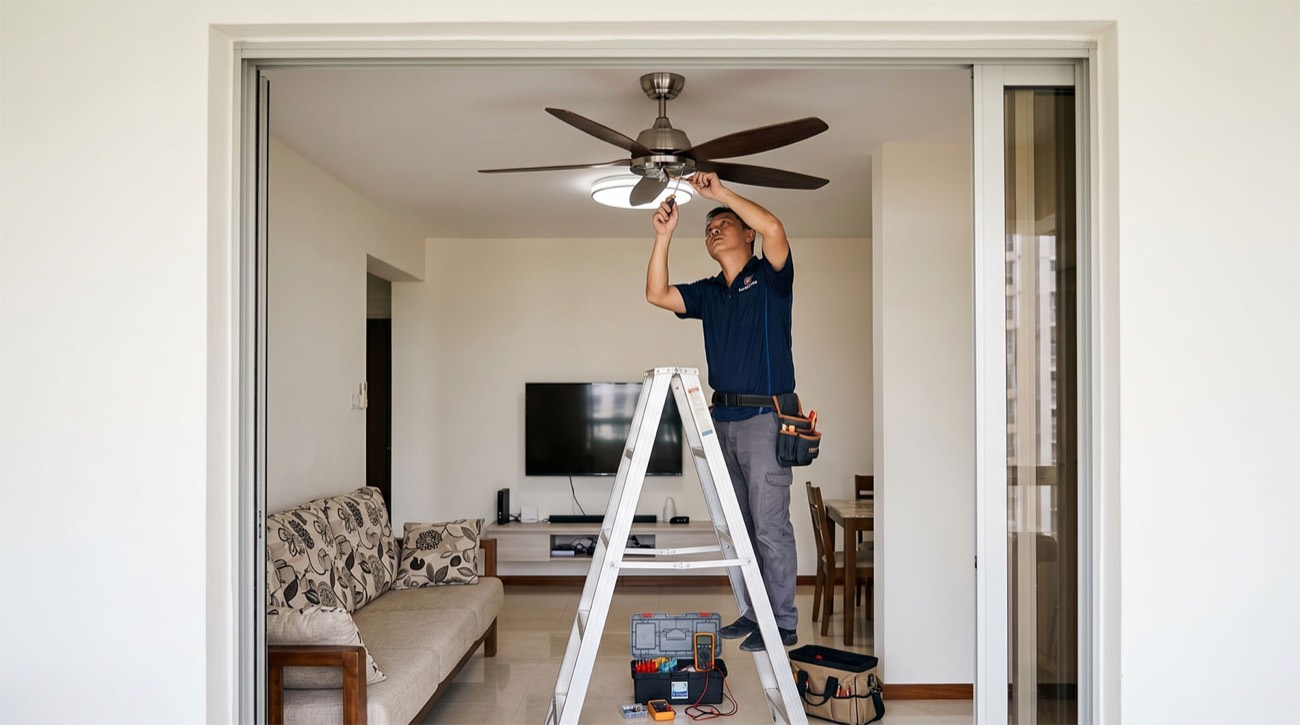 Competent Electrician installing a ceiling fan and light fitting in a Singapore HDB living room