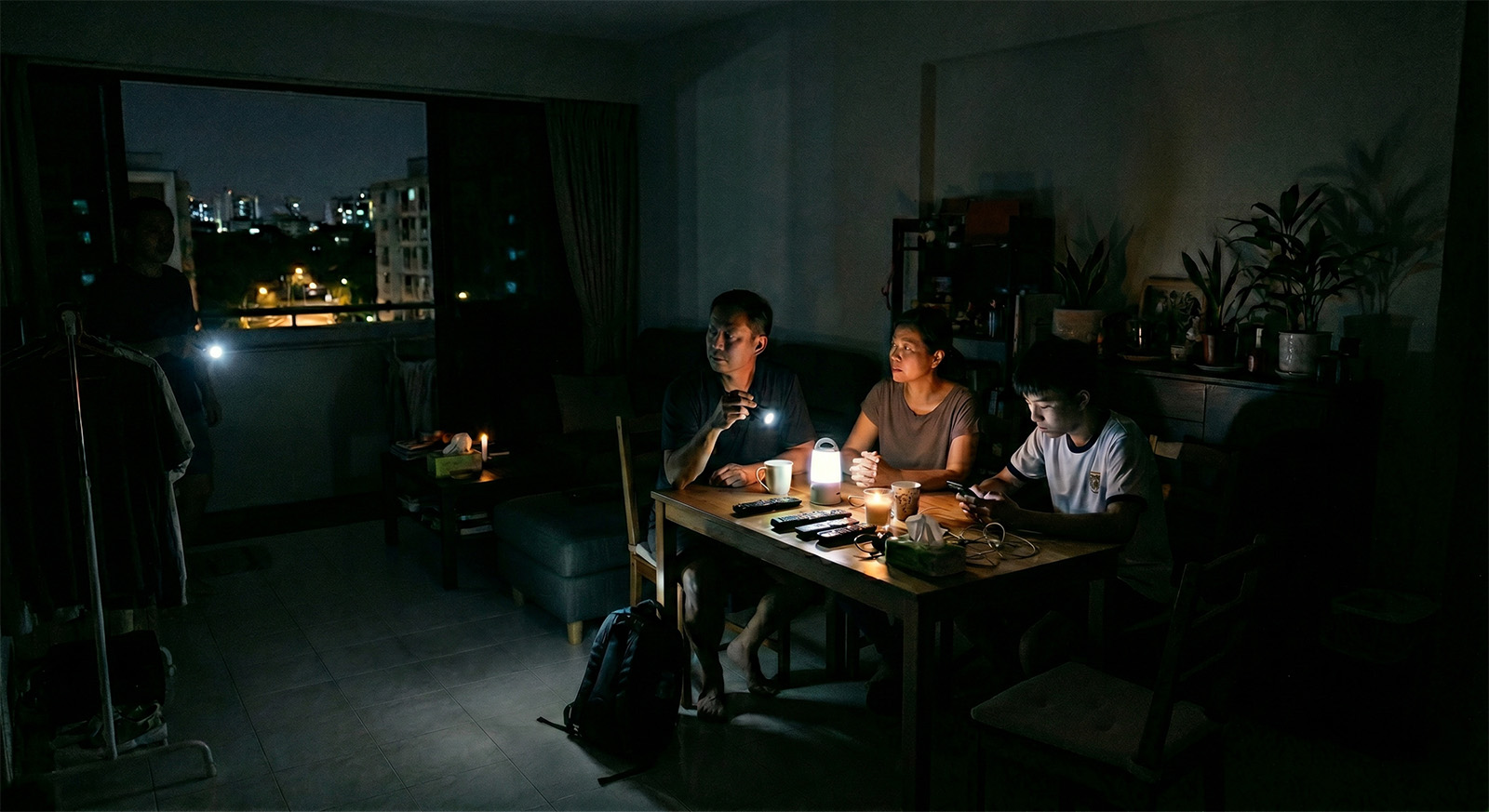 A Singapore HDB family sitting in the dark by torchlight during a whole-flat power outage at night